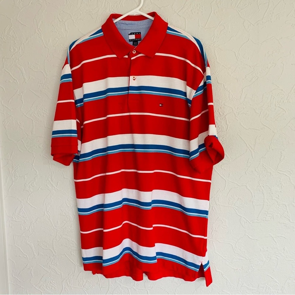 CLASSIC TOMMY HILFIGER MENS KNIT POLO RED WHITE BLUE SIZE XL LIKE NEW